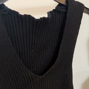 Black Ribbed Knit Sleeveless Top - Deep V Neck - Cropped